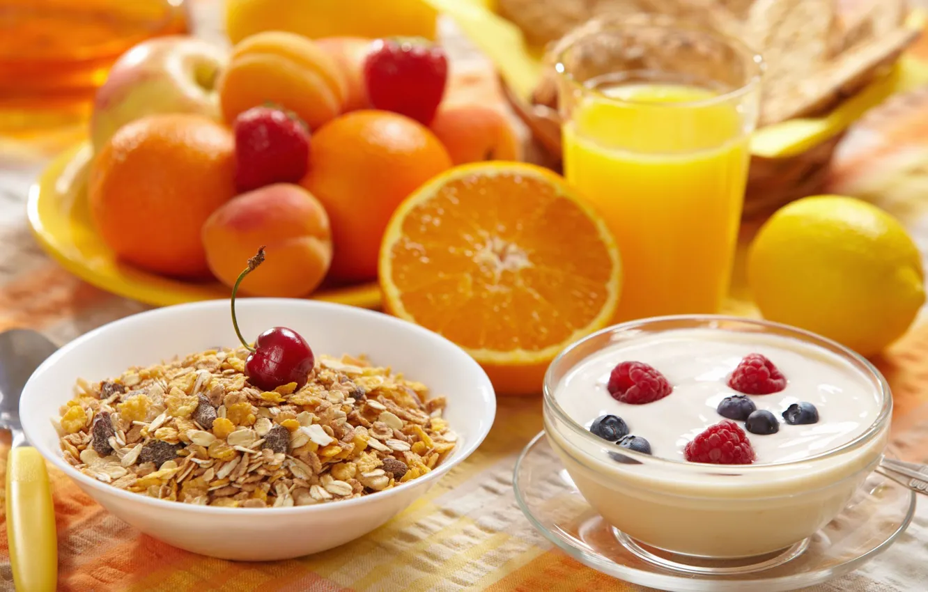 Photo wallpaper cherry, berries, raspberry, background, widescreen, Wallpaper, lemon, orange