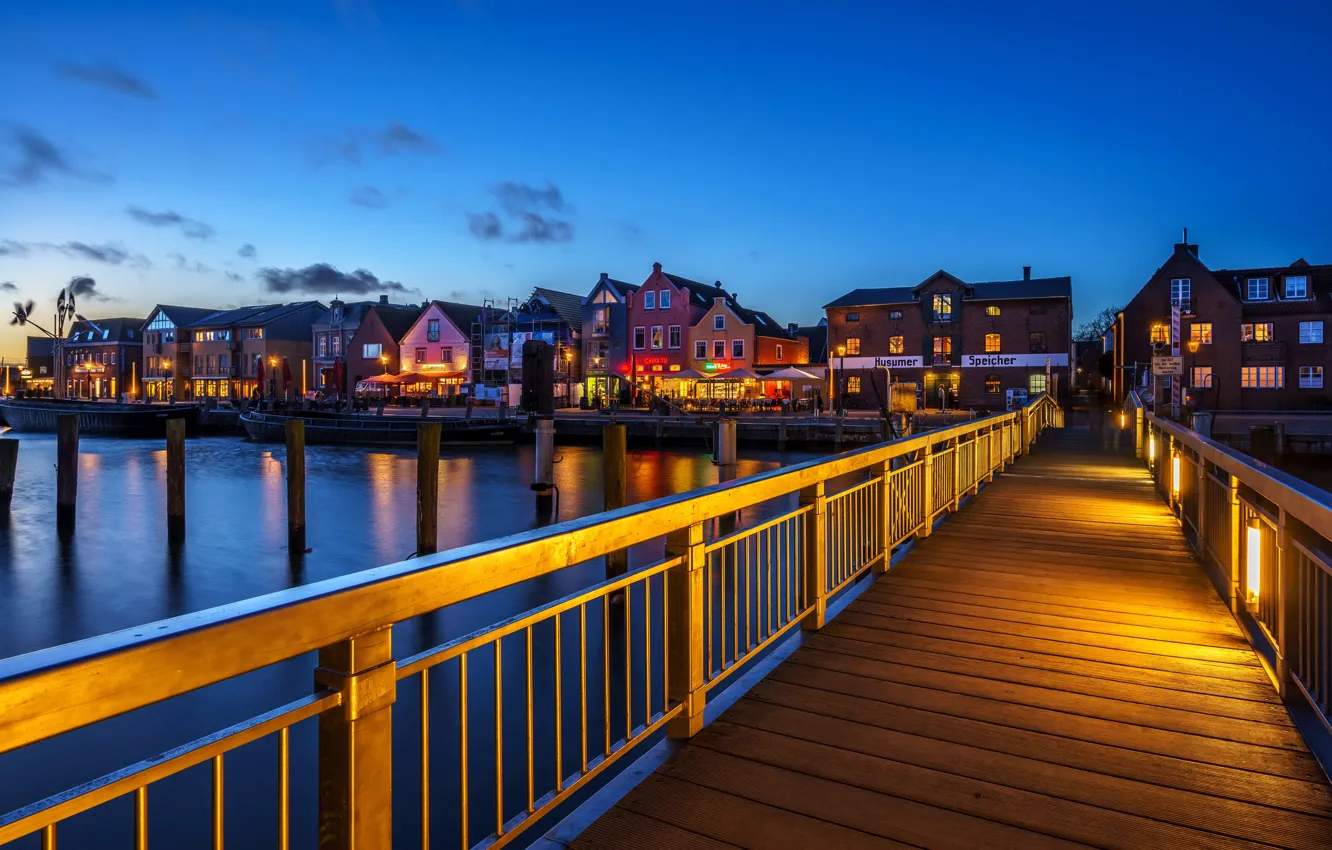 Photo wallpaper Germany, evening, bridges, houses, Marinas, Husumer