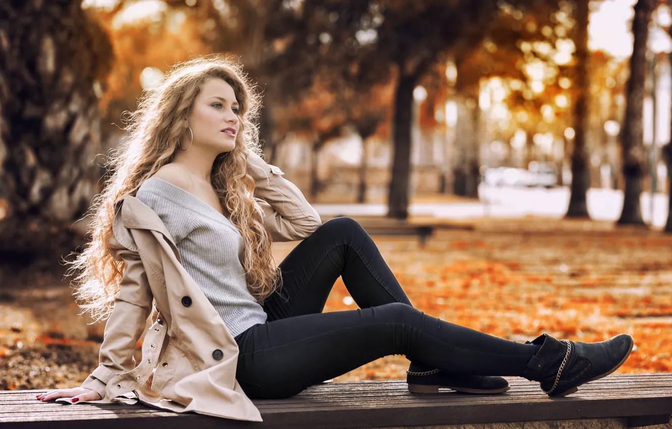 Photo wallpaper girl, yellow, eyes, autumn, blonde, Sight