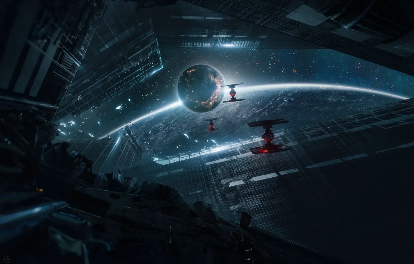 Photo wallpaper space, stars, planet, departure, Hide and seek