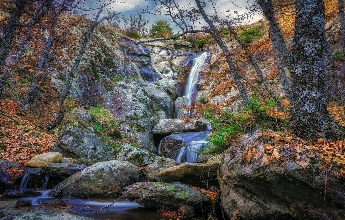 Photo wallpaper autumn, stones, rocks, waterfall