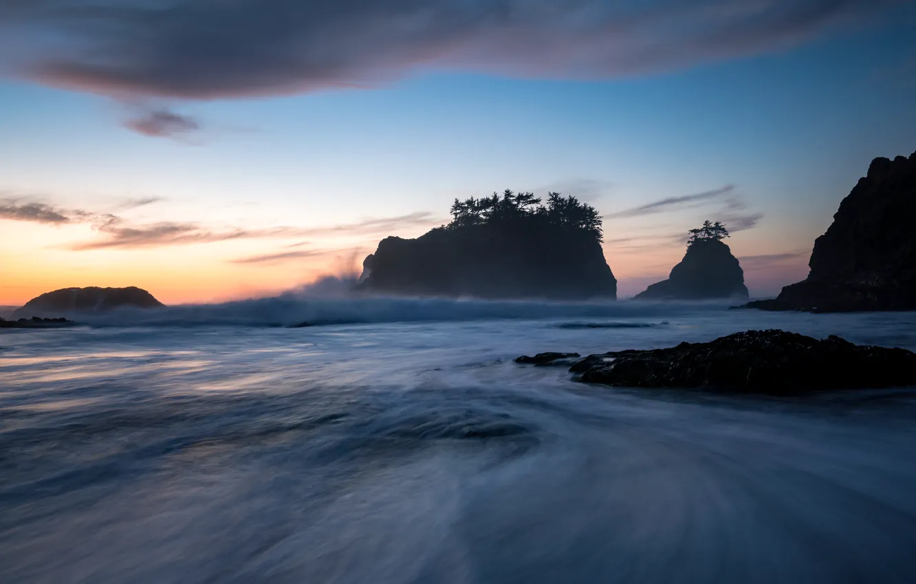 Photo wallpaper sea, the sky, trees, blue, stones, the ocean, rocks, coast