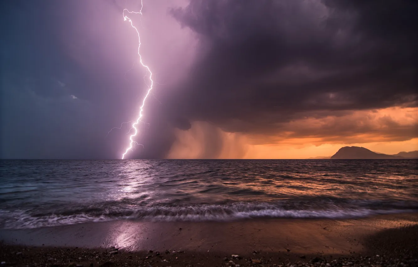 Photo wallpaper sea, the sky, storm, shore, lightning, the evening