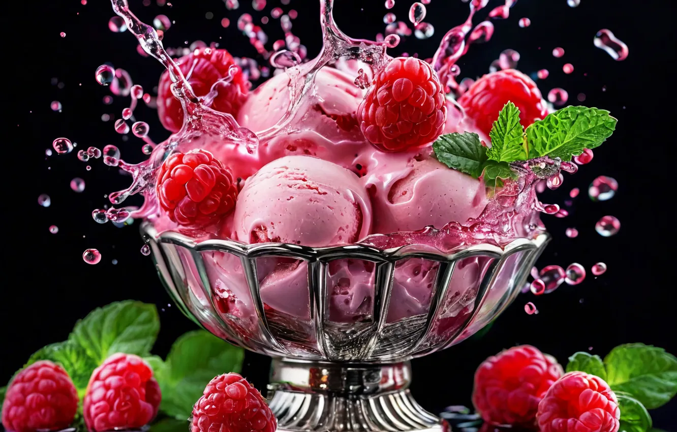 Photo wallpaper raspberry, ice cream, black background