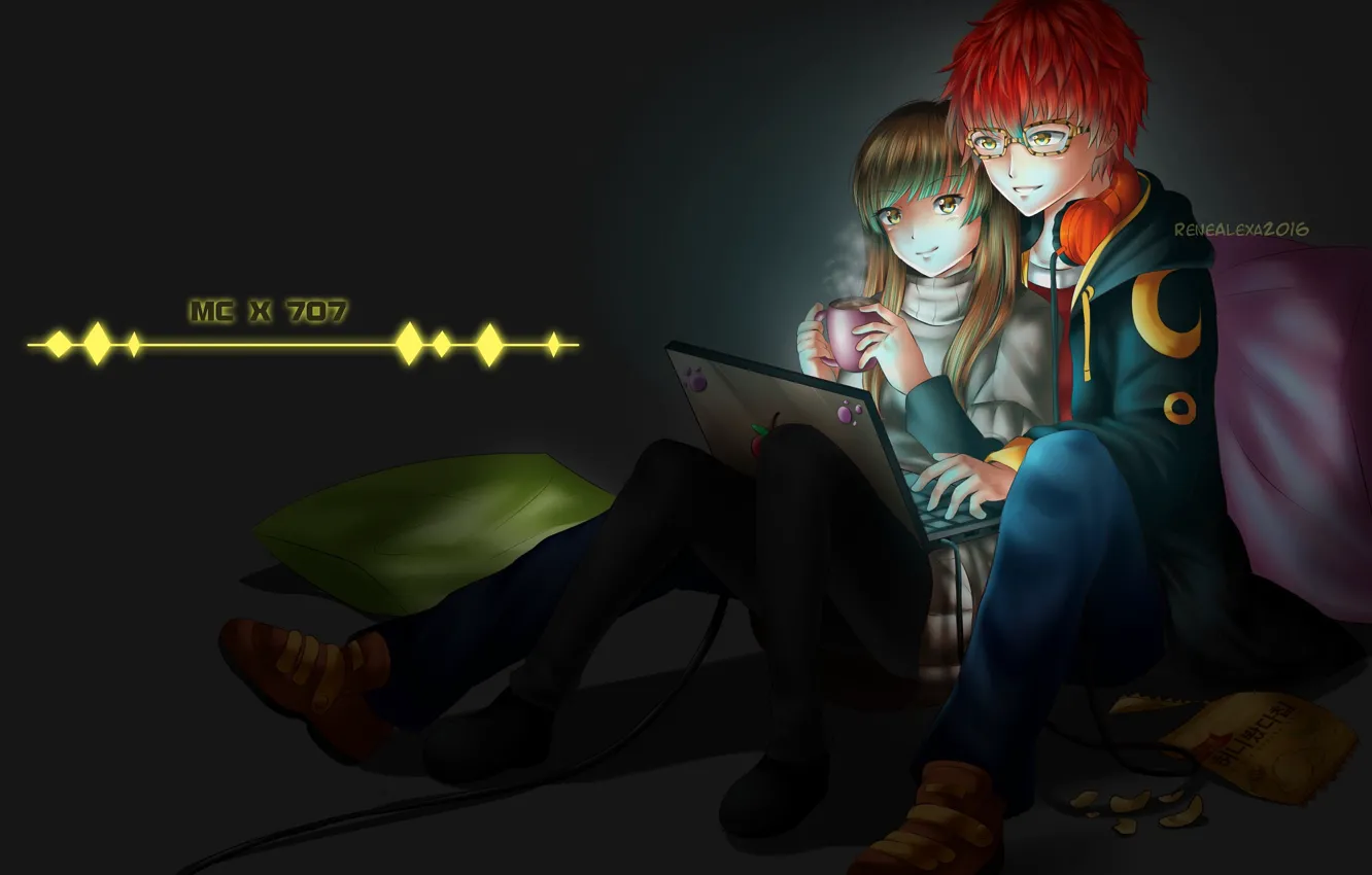 Photo wallpaper night, pair, laptop, chips, 707, Mystic Messenger