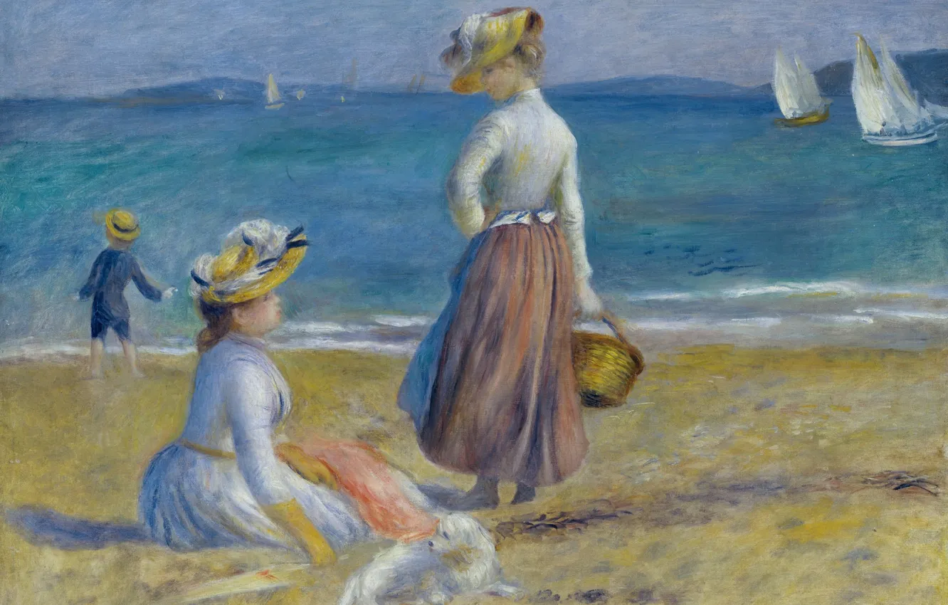 Photo wallpaper sea, girl, boat, picture, sail, Pierre Auguste Renoir, Pierre Auguste Renoir, Figures on the Beach