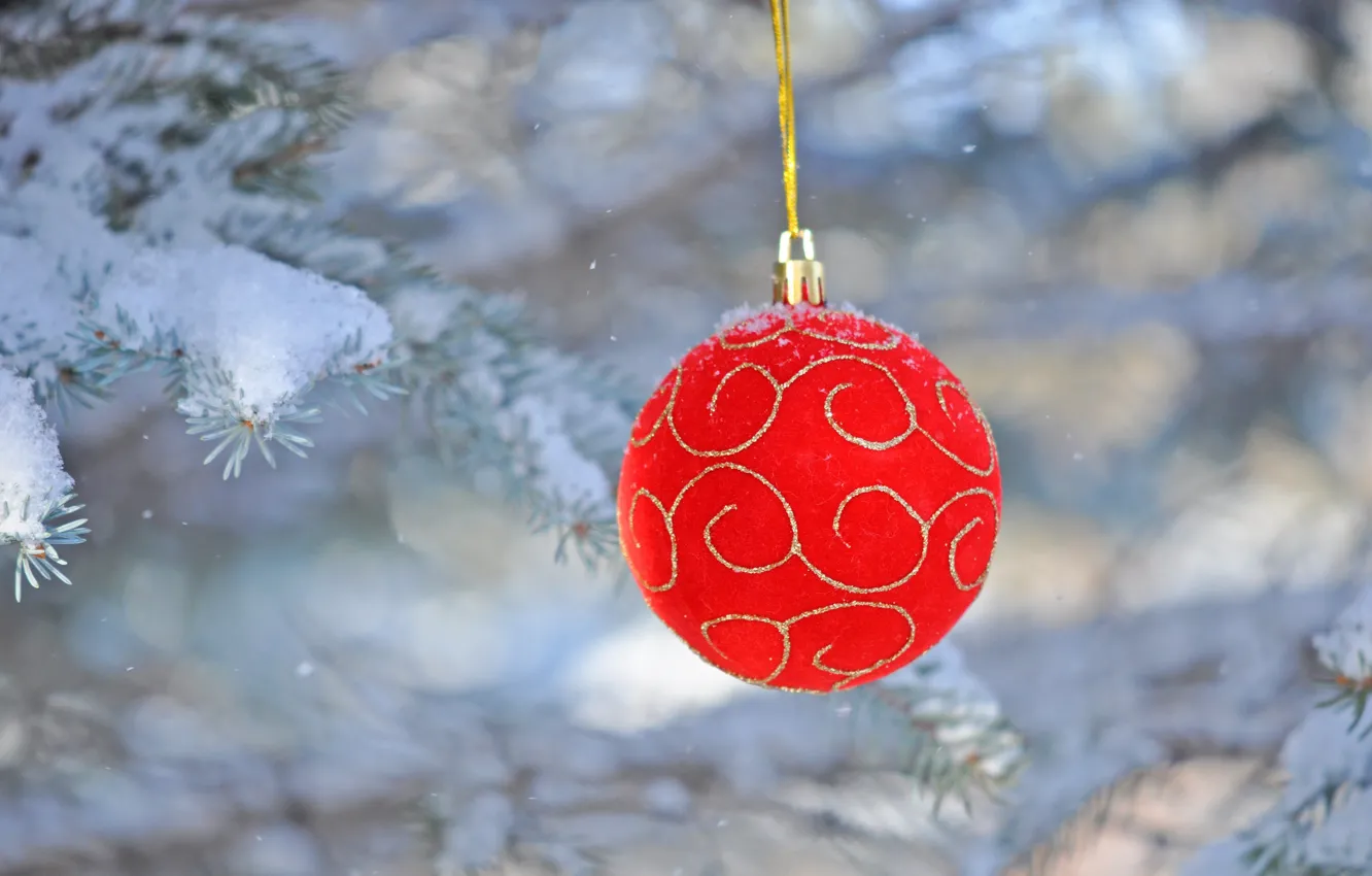 Photo wallpaper snow, holiday, spruce, ball, decoration