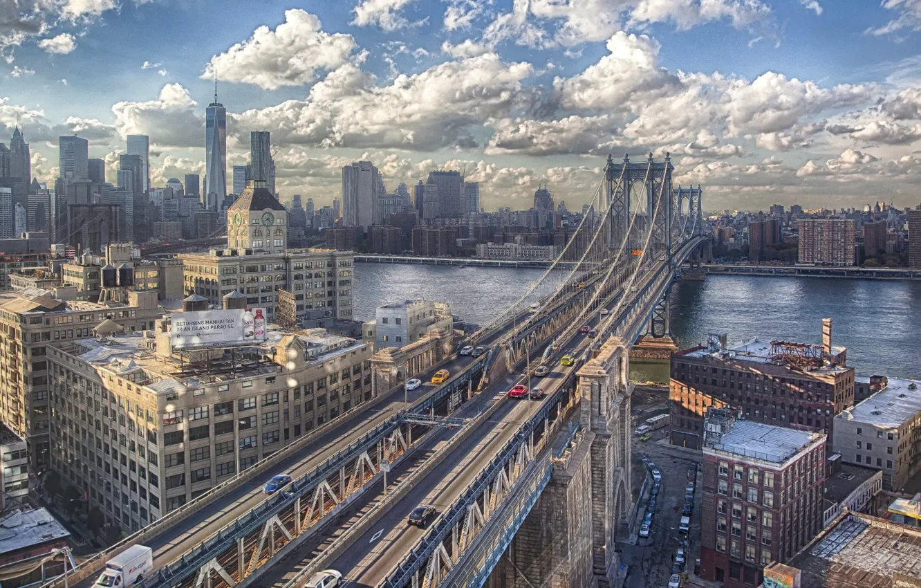 Photo wallpaper auto, bridge, river, view, building, New York, Brooklyn, USA