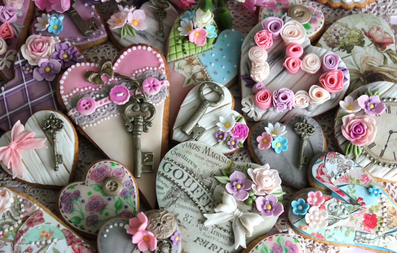 Photo wallpaper flowers, style, cookies, hearts, decoration, keys, vintage, decor