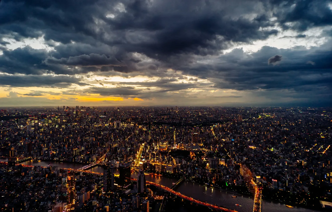 Photo wallpaper Tokyo, Japan, sunset, clouded