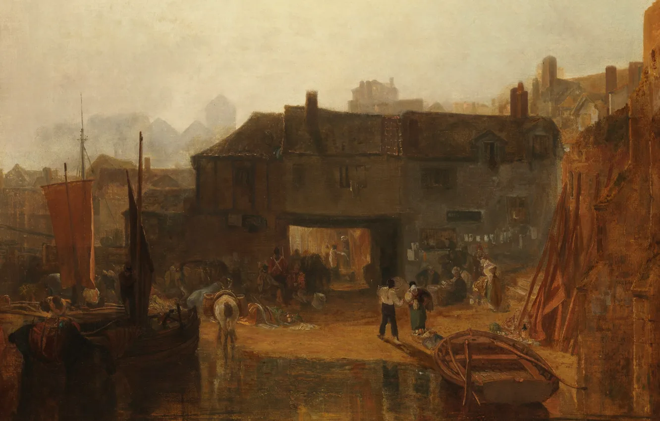 Photo wallpaper boat, people, home, picture, sail, the urban landscape, William Turner, Saltash with the Water Ferry