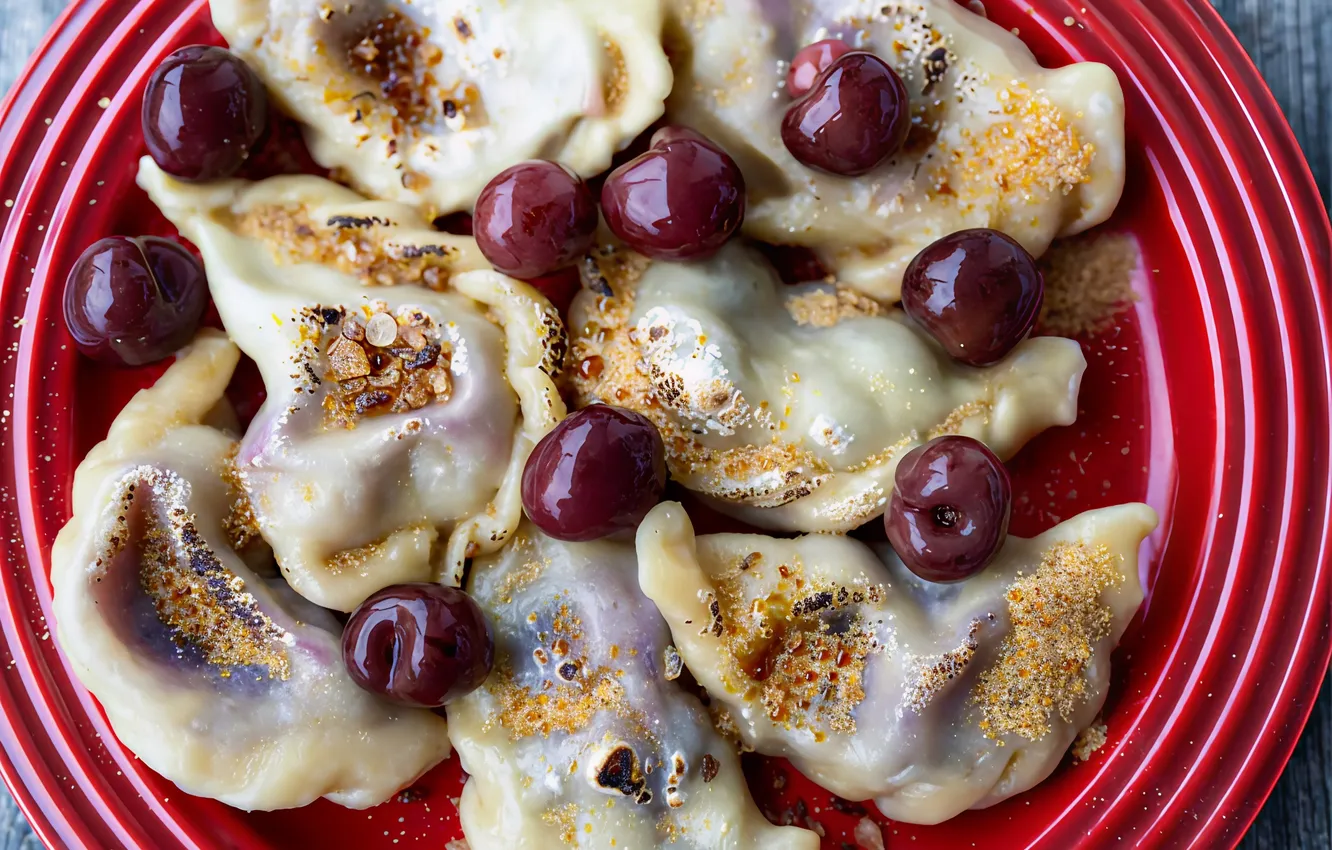 Photo wallpaper cherry, berries, plate, dumplings