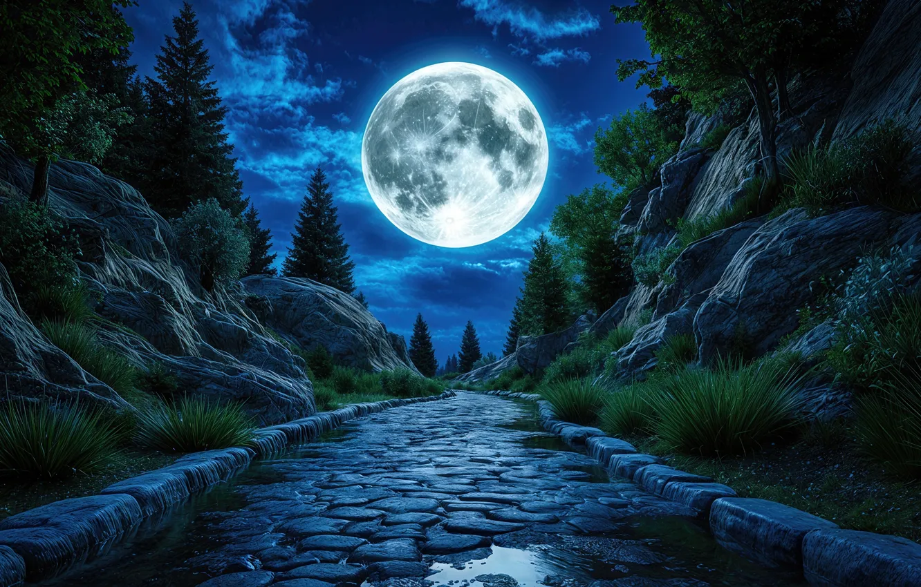 Photo wallpaper moon, mountains, walkway