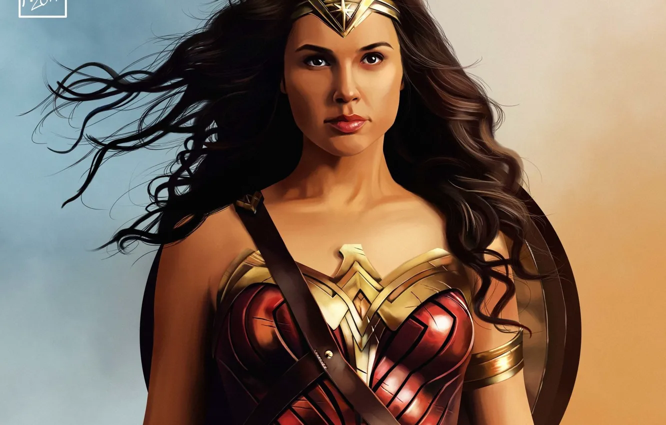 Photo wallpaper girl, Wonder Woman, armor, brunette, shield, Diana