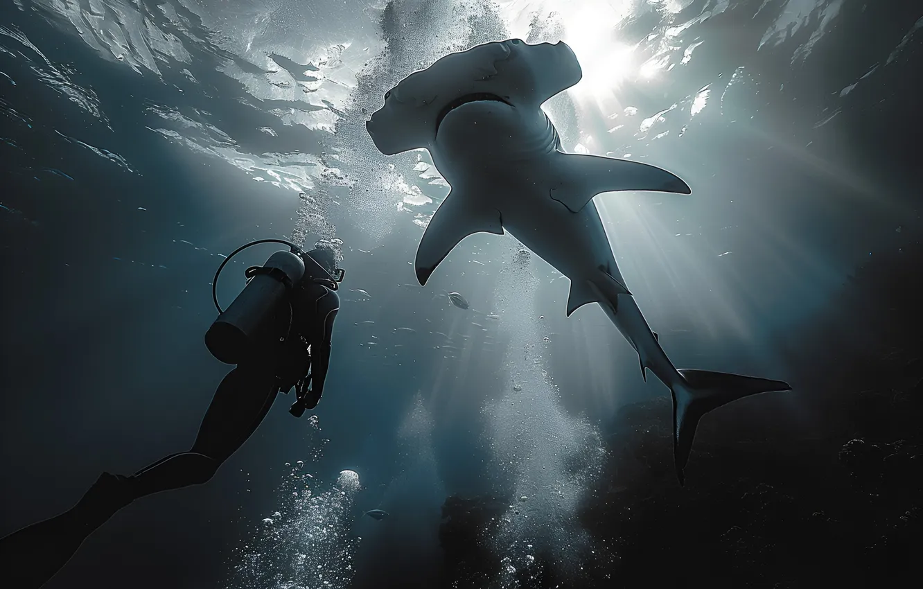 Photo wallpaper predator, shark, the diver, two, underwater world, digital art, hammerheads, AI art