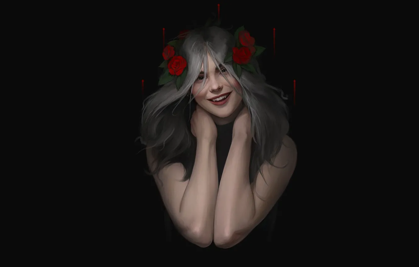 Photo wallpaper girl, art, black background, grey hair, red roses