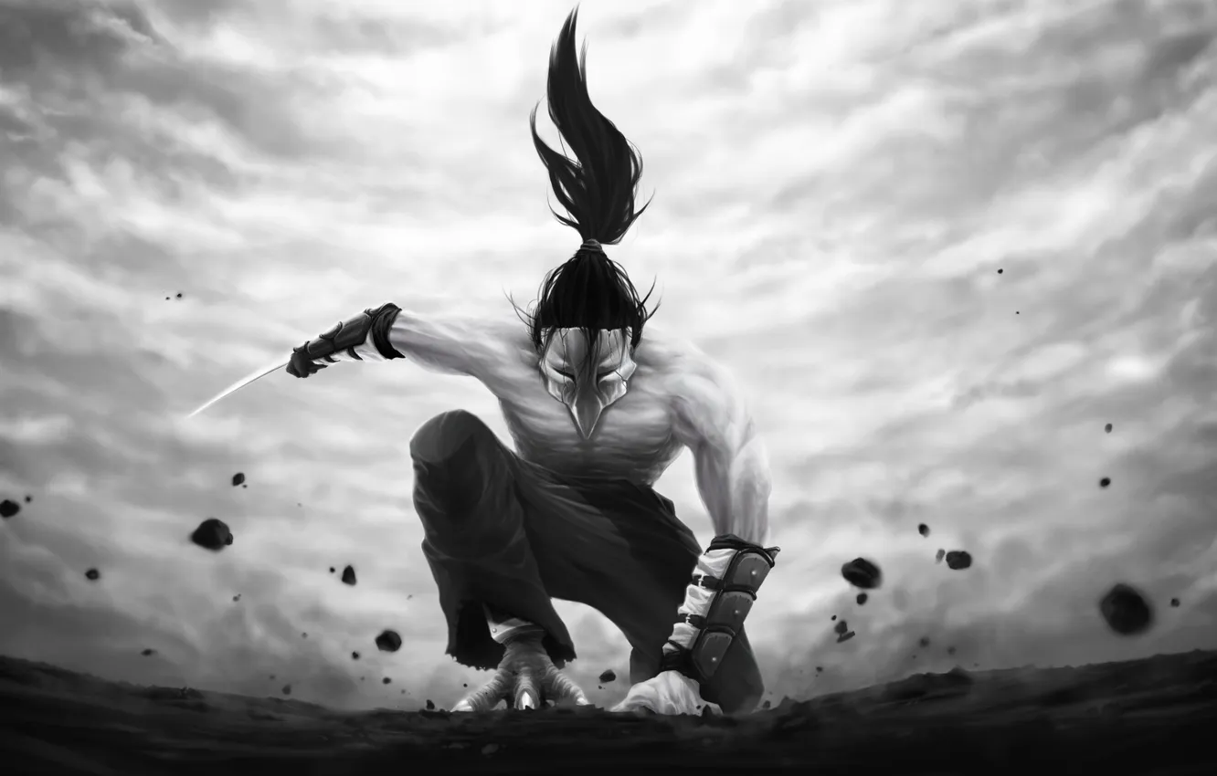 Photo wallpaper weapons, fiction, bird, hair, paws, beak, blade, mask