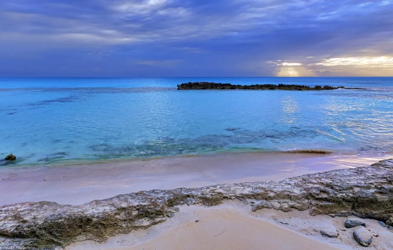Photo wallpaper sand, sea, sunset, clouds, rocks