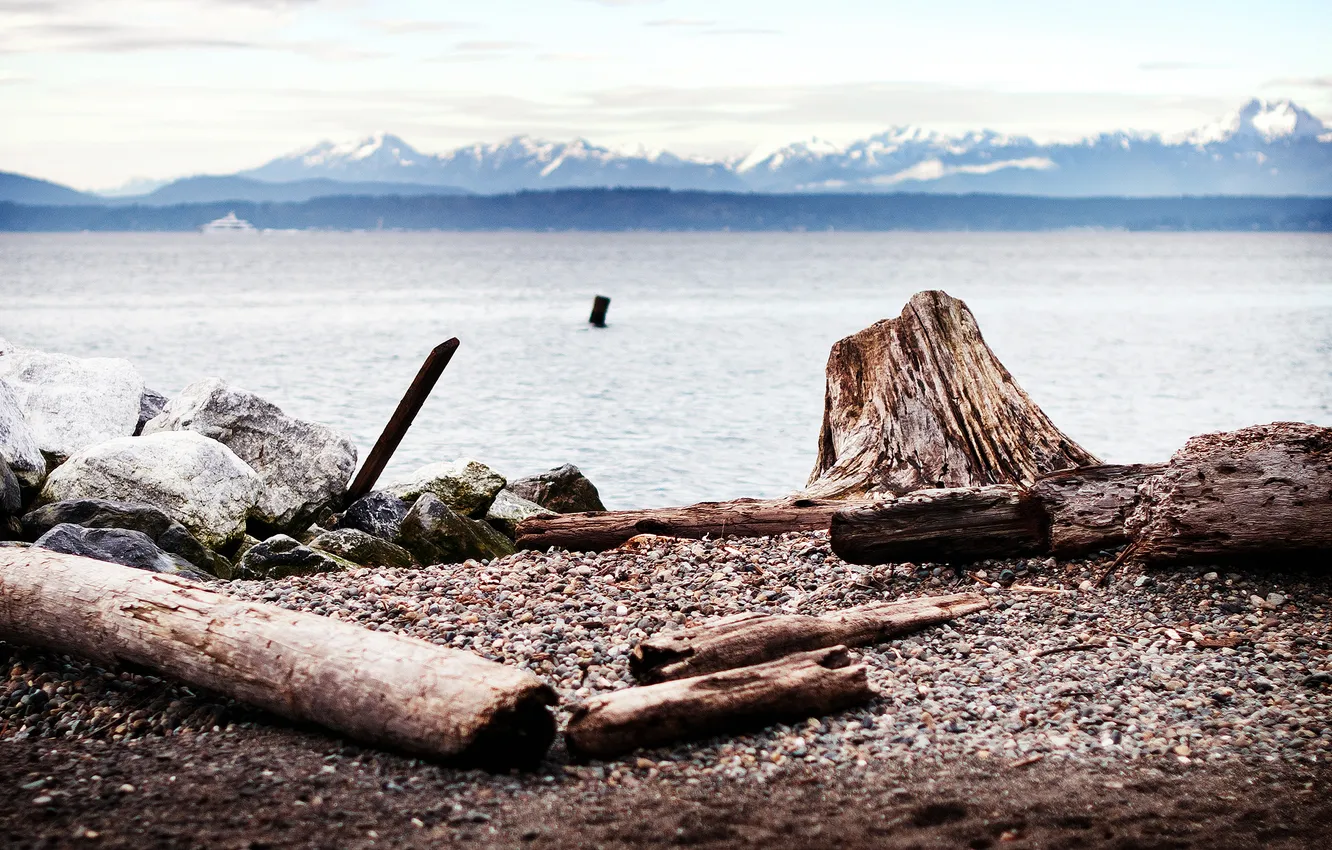 Photo wallpaper sea, the sky, water, clouds, snow, landscape, mountains, nature