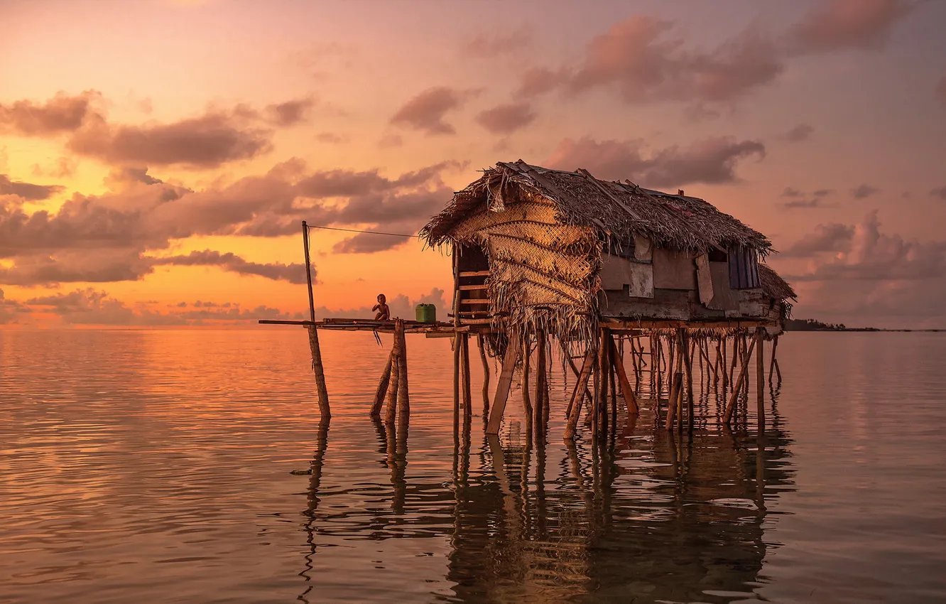 Photo wallpaper landscape, sunset, river, home