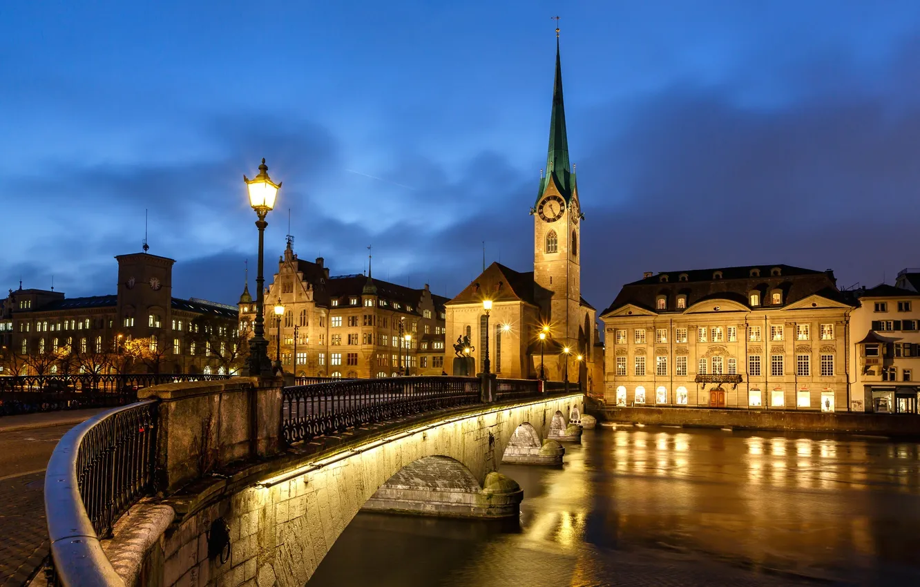 Photo wallpaper light, night, bridge, the city, building, home, Switzerland, lighting