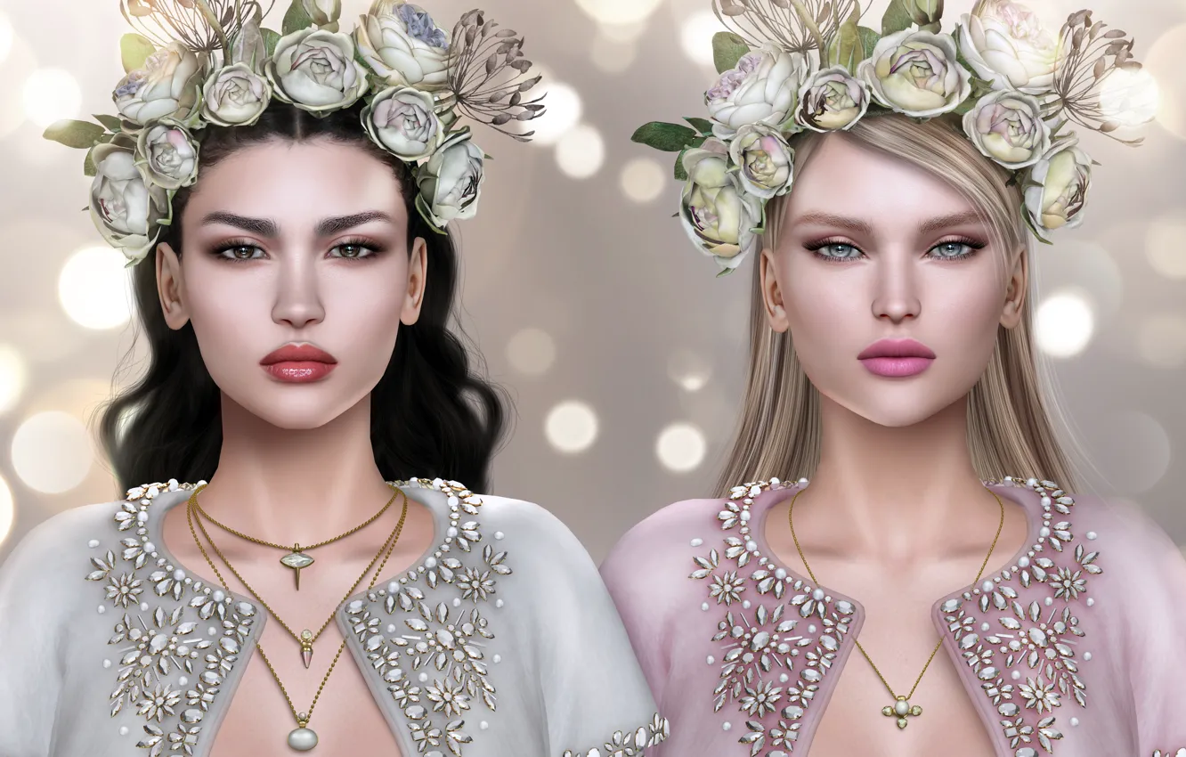 Photo wallpaper girl, brunette, blonde, wreath