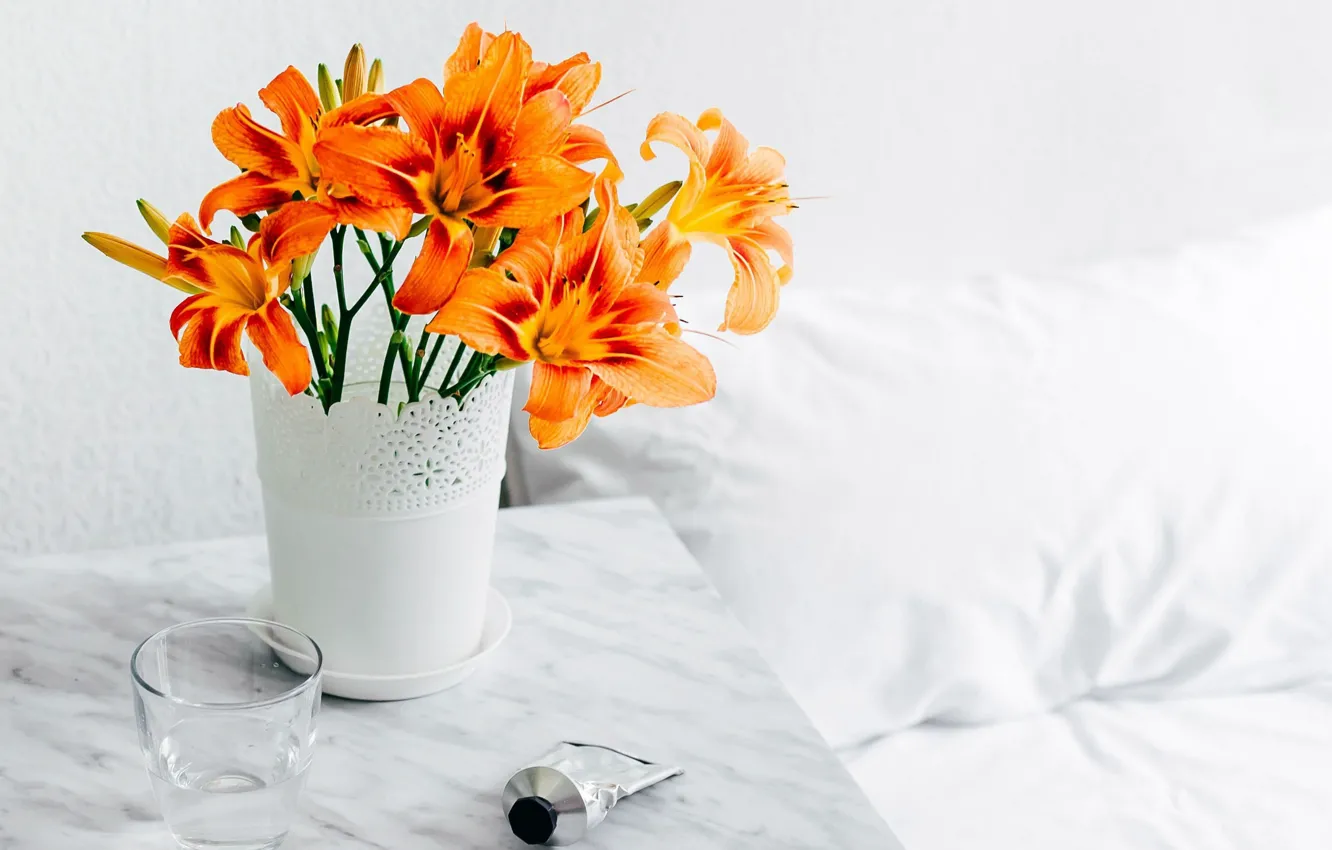 Photo wallpaper Orange, Flower, Morning, Vase, Lilium