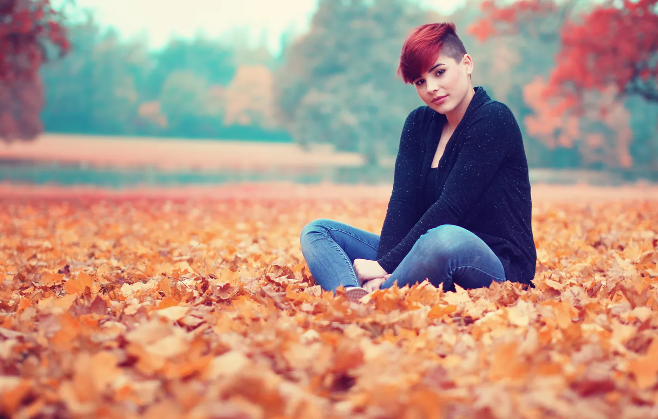 Photo wallpaper leaves, girl, calm, girl, leaves, falls, serenity, fall