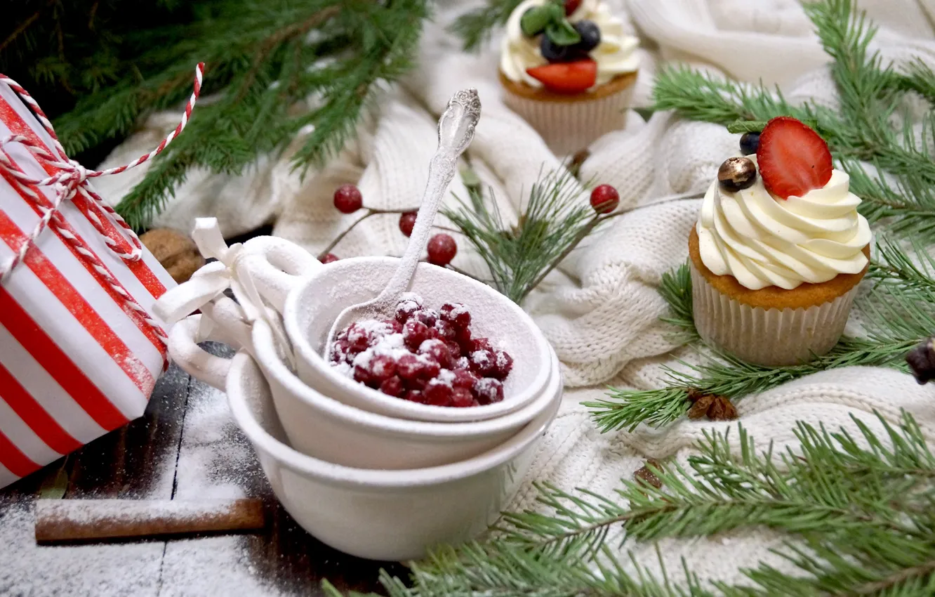 Photo wallpaper winter, berries, holiday, Christmas, New year, cream, decor, cupcakes