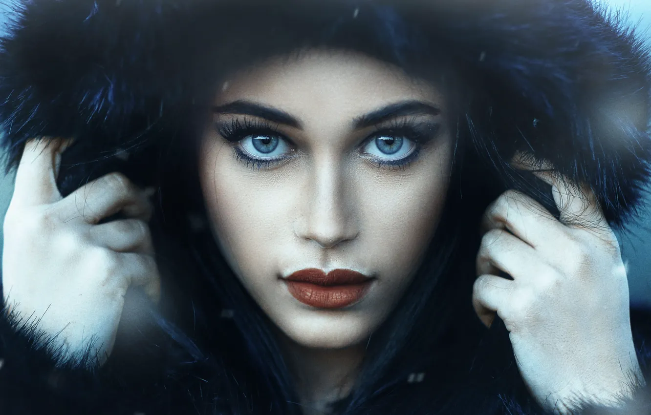 Photo wallpaper girl, photo, blue eyes, model, lips, face, portrait, hood