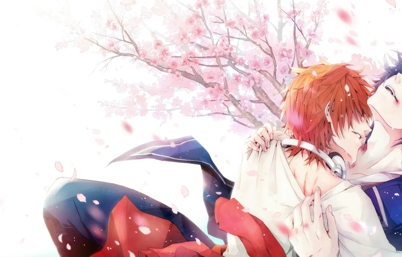 Photo wallpaper passion, hugs, military uniform, ryzhyi, cherry blossoms, two guys, Project Key, K Project