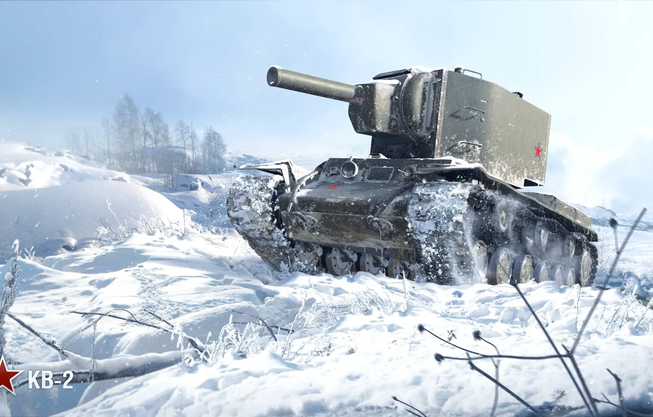 Photo wallpaper winter, tank, USSR, World of Tanks, heavy, KV-2 in winter