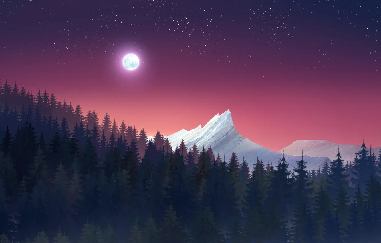 Photo wallpaper forest, landscape, mountains, nature, the moon, minimalism, pine