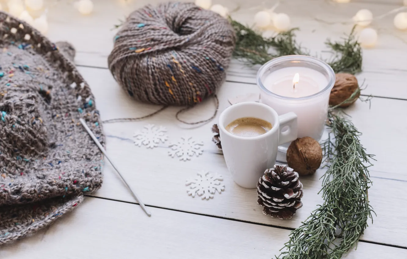 Photo wallpaper snowflakes, coffee, thread, decor, hook, uterus