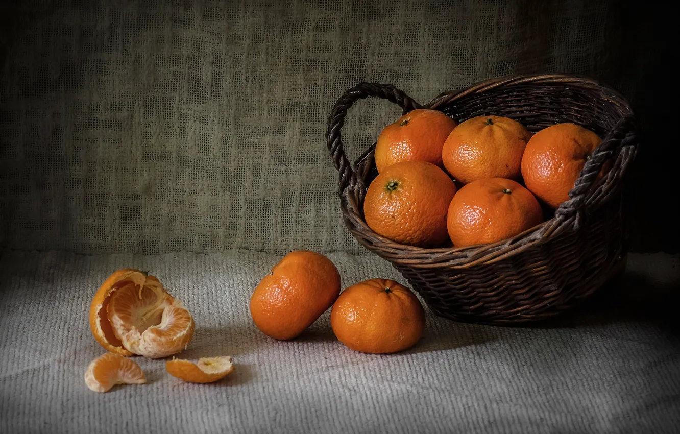 Photo wallpaper basket, food, slice, citrus, fruit, still life, basket, tangerines