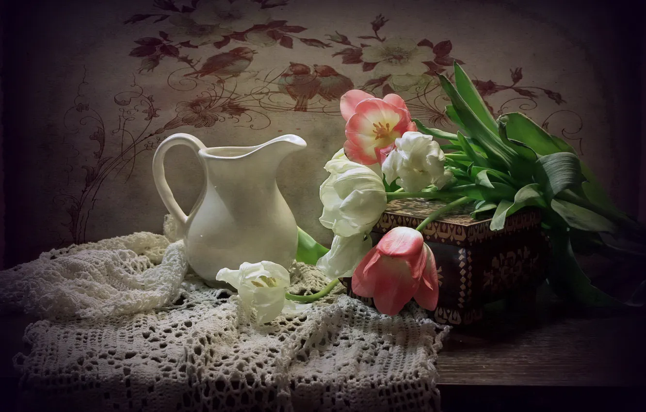 Photo wallpaper white, flowers, table, tulips, box, vase, pitcher, still life