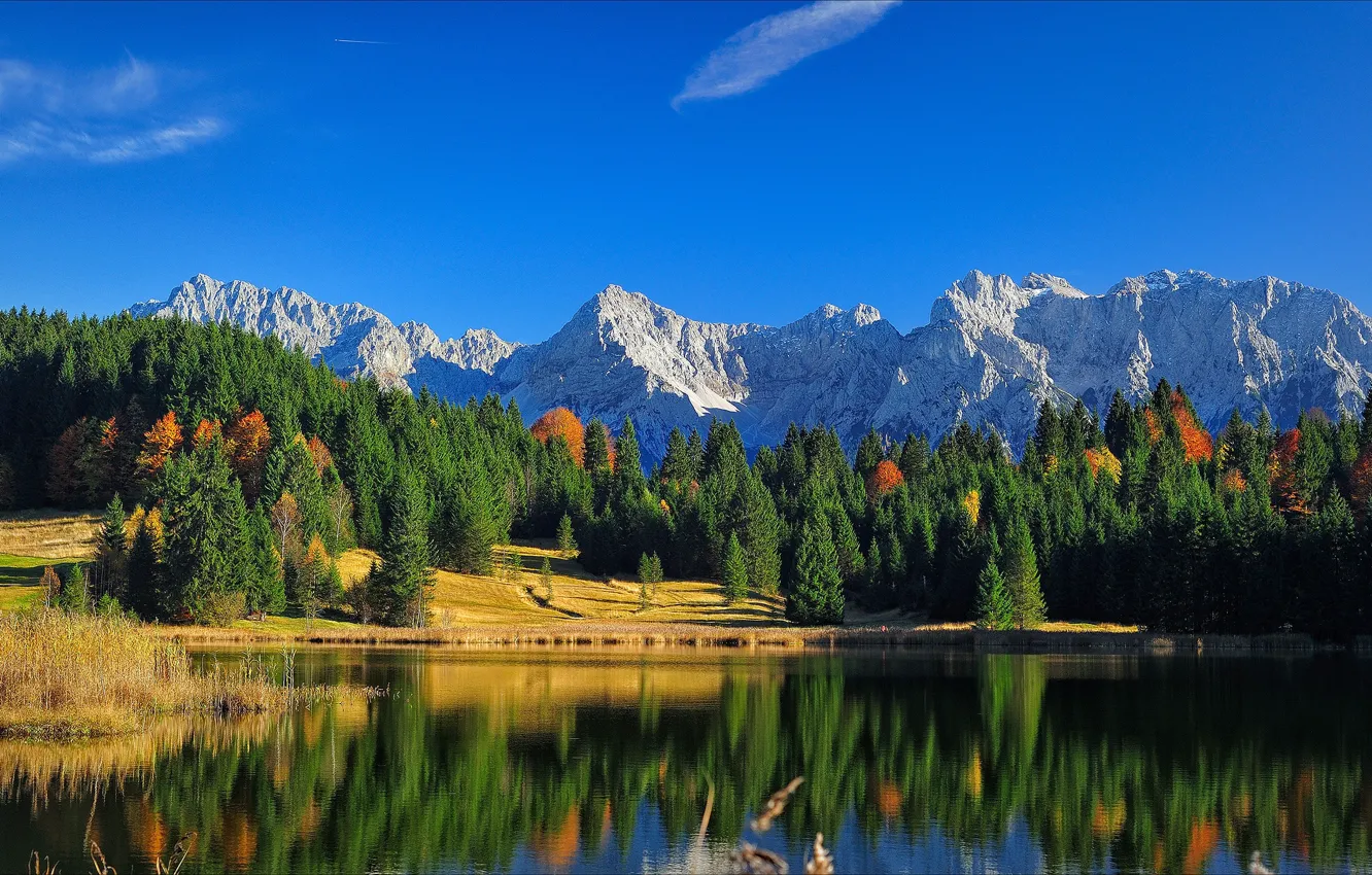 Photo wallpaper autumn, forest, the sky, clouds, light, mountains, nature, lake