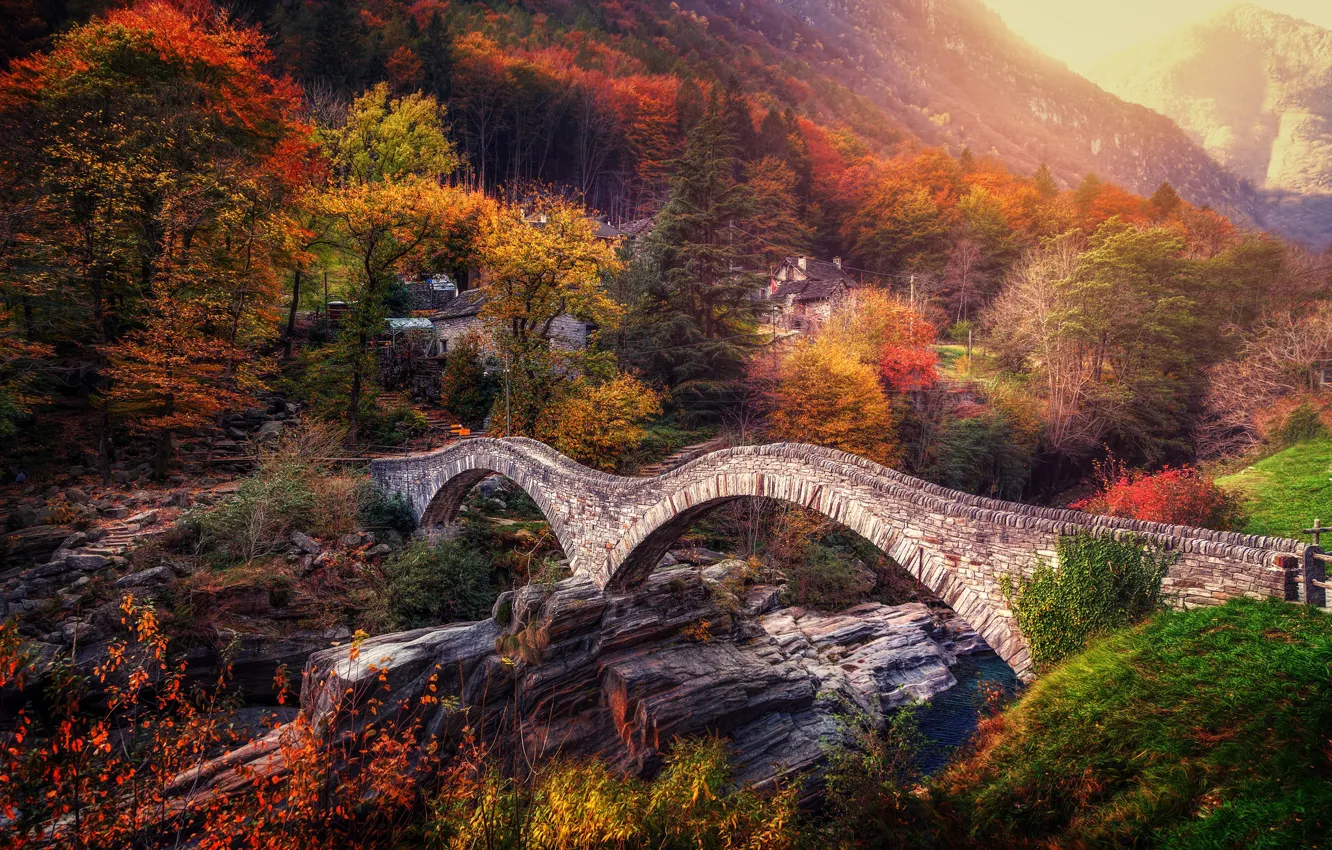 Photo wallpaper autumn, trees, bridge, Switzerland, Alps, Switzerland, Alps, Ticino