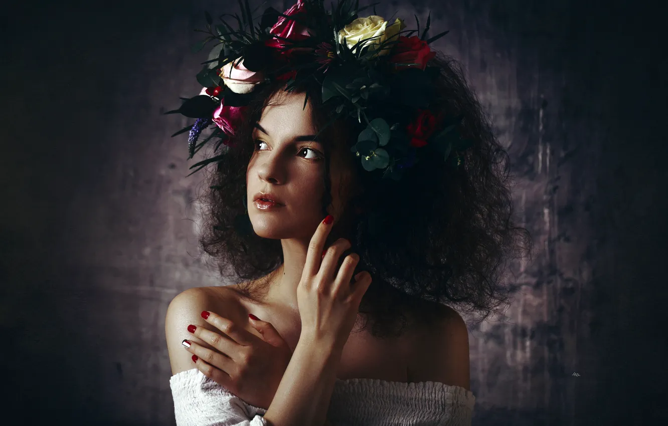 Photo wallpaper flowers, face, pose, background, model, portrait, hands, makeup