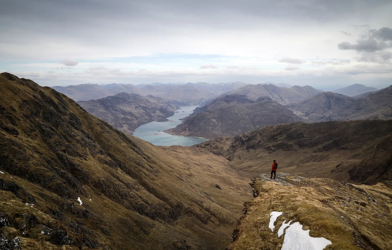 Photo wallpaper the sky, clouds, mountains, lake, rocks, people, panorama, Scotland