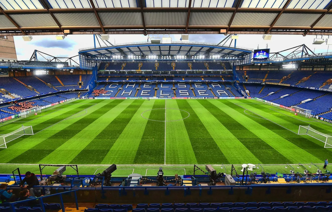 Photo wallpaper the sky, clouds, lawn, football, sport, England, sky, tribune