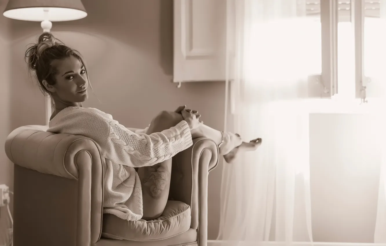 Photo wallpaper look, girl, room, lamp, chair, tattoo, legs, tenderness