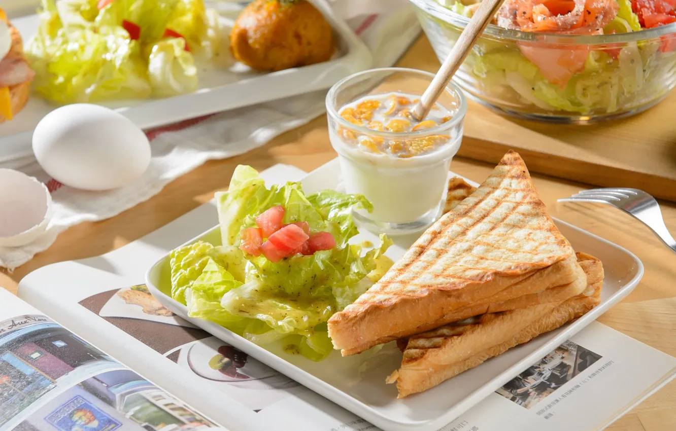 Photo wallpaper eggs, salad, toast, sandwiches