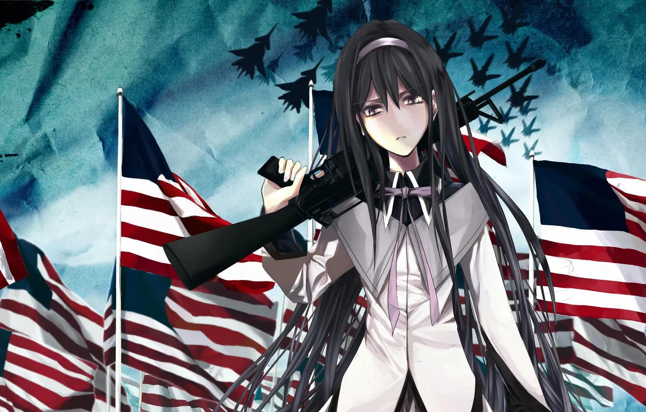 Photo wallpaper girl, weapons, flag, fighters, machine, USA, homura akemi