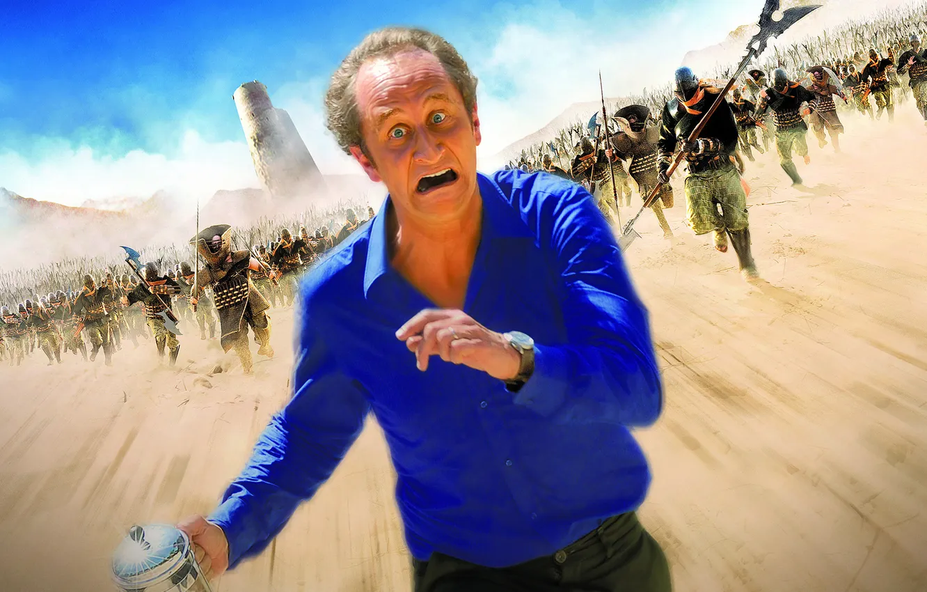 Photo wallpaper sand, watch, tower, chase, the situation, runs, Creek, blue shirt
