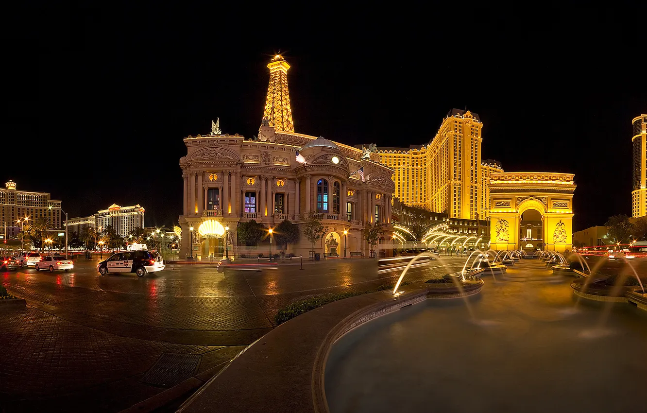 Photo wallpaper road, night, lights, panorama, fountain, the hotel, car, Nevada