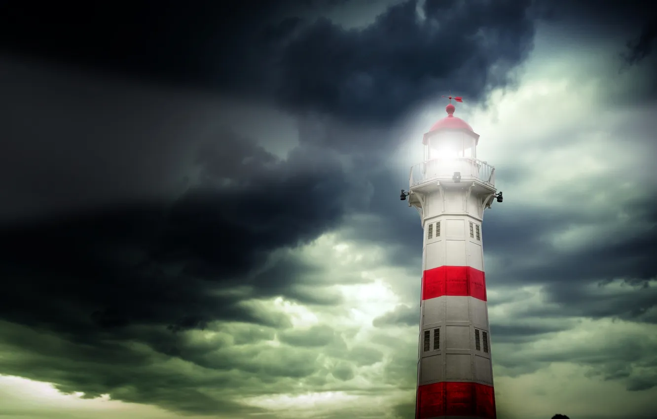Photo wallpaper light, clouds, lighthouse, the evening, spotlight