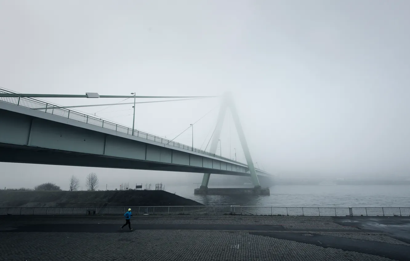 Photo wallpaper river, bridge, bricks, fog, man, cold, construction, running