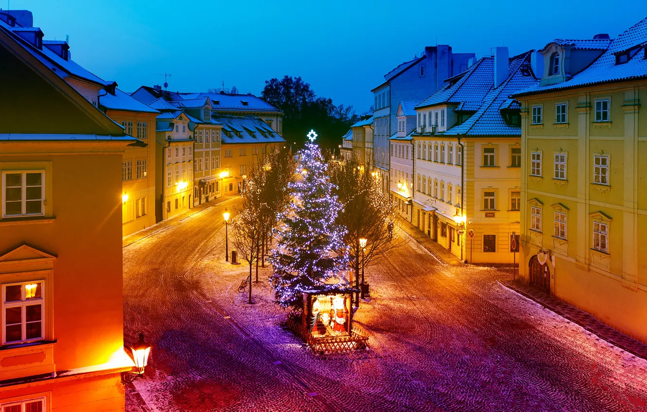 Photo wallpaper road, trees, lights, holiday, new year, home, Christmas, the evening