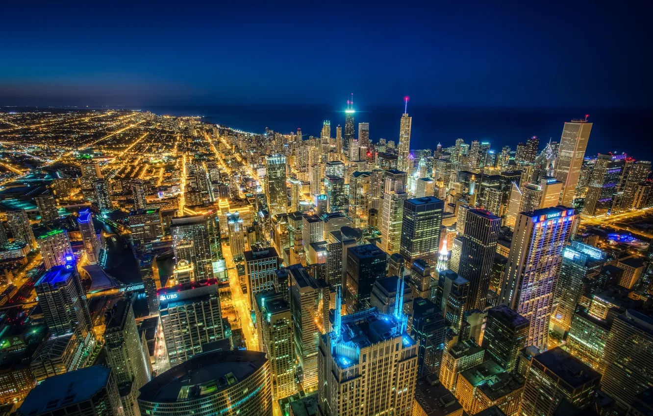 Photo wallpaper building, Chicago, panorama, Il, night city, Chicago, Illinois, skyscrapers